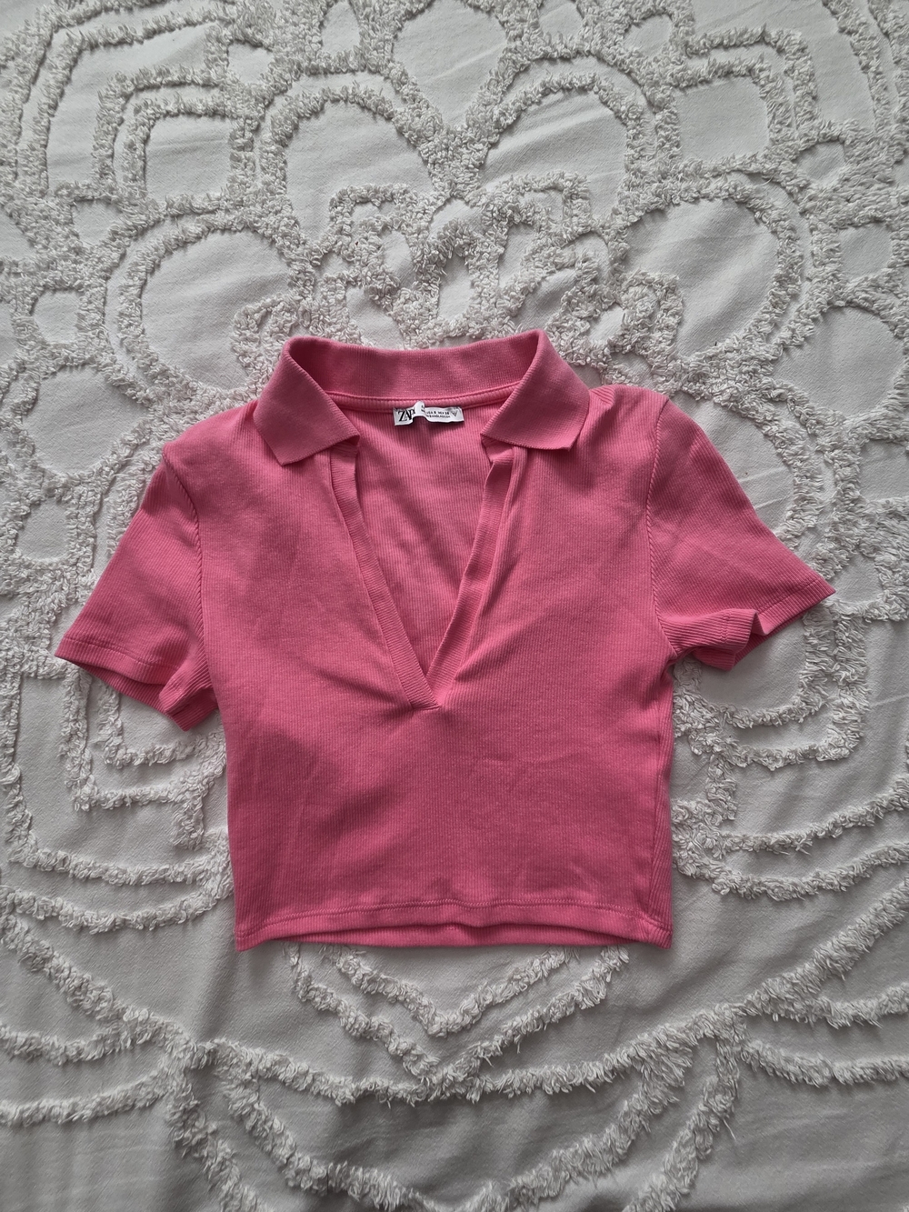 Zara Hot Pink Ribbed V-Neck Polo Crop Top